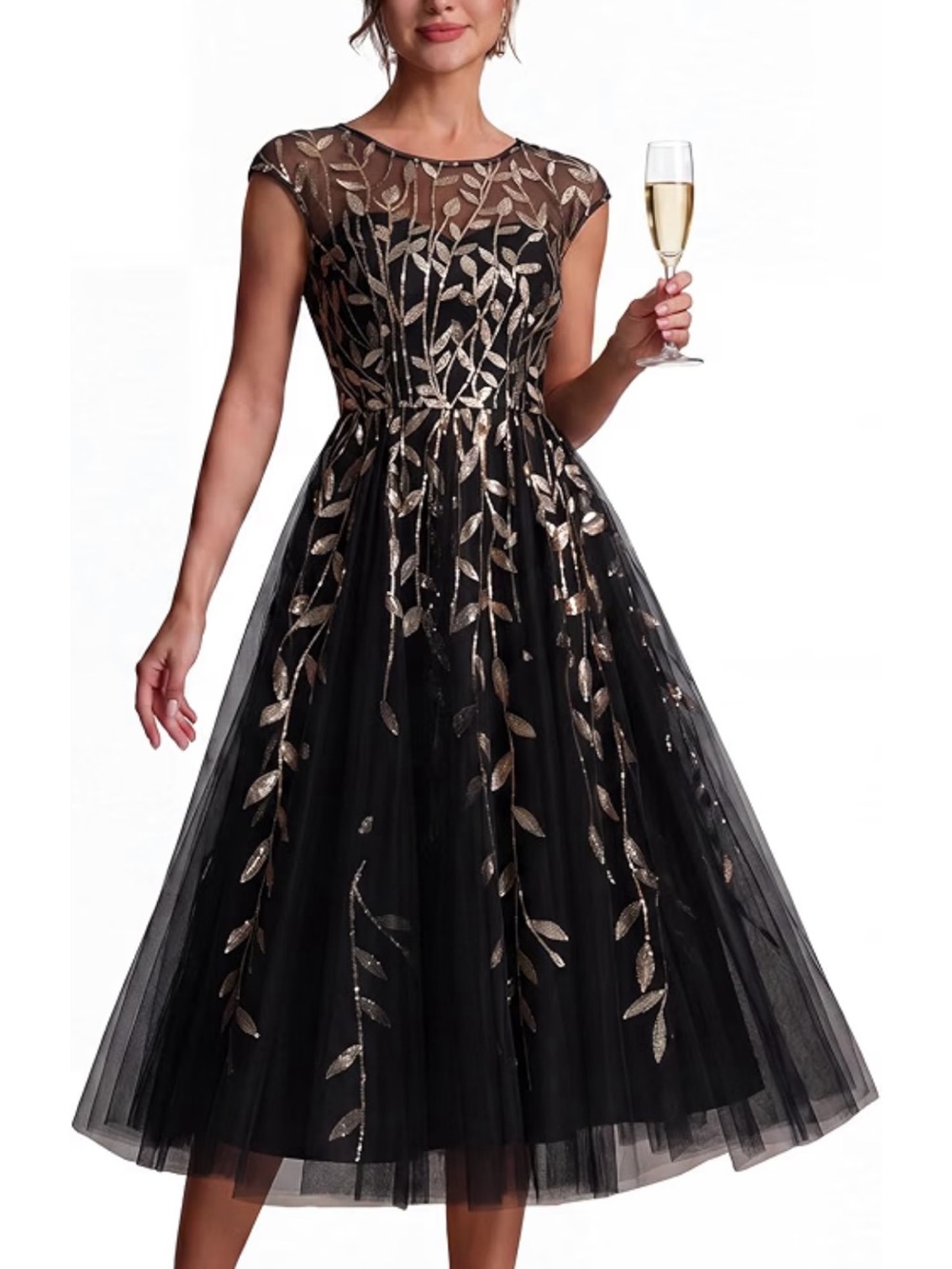 Ever-Pretty Black & Gold Leaf Embroidered Tulle Midi Dress.